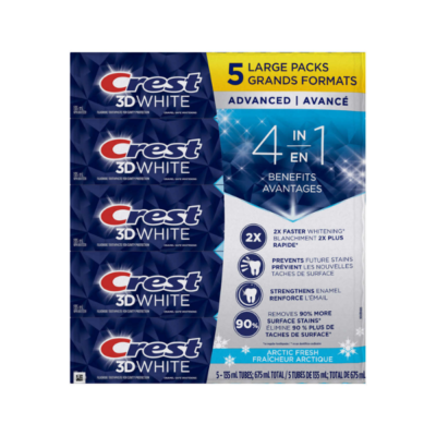 Crest 3D White Advanced, Teeth Whitening Toothpaste Arctic Fresh, 5 x 135 mL