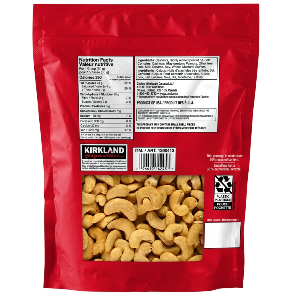 Kirkland Signature Roasted Whole Cashews with Salt, 1.13 kg