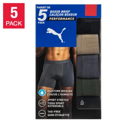 Puma Mens Active Boxer 5-Pack moisture-wicking recycled polyester underwear
